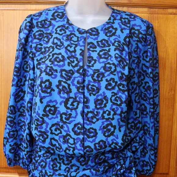 Vintage Royal Blue Black Floral Print Long Sleeve Knee Length Dress 1980s USA - Picture 3 of 15